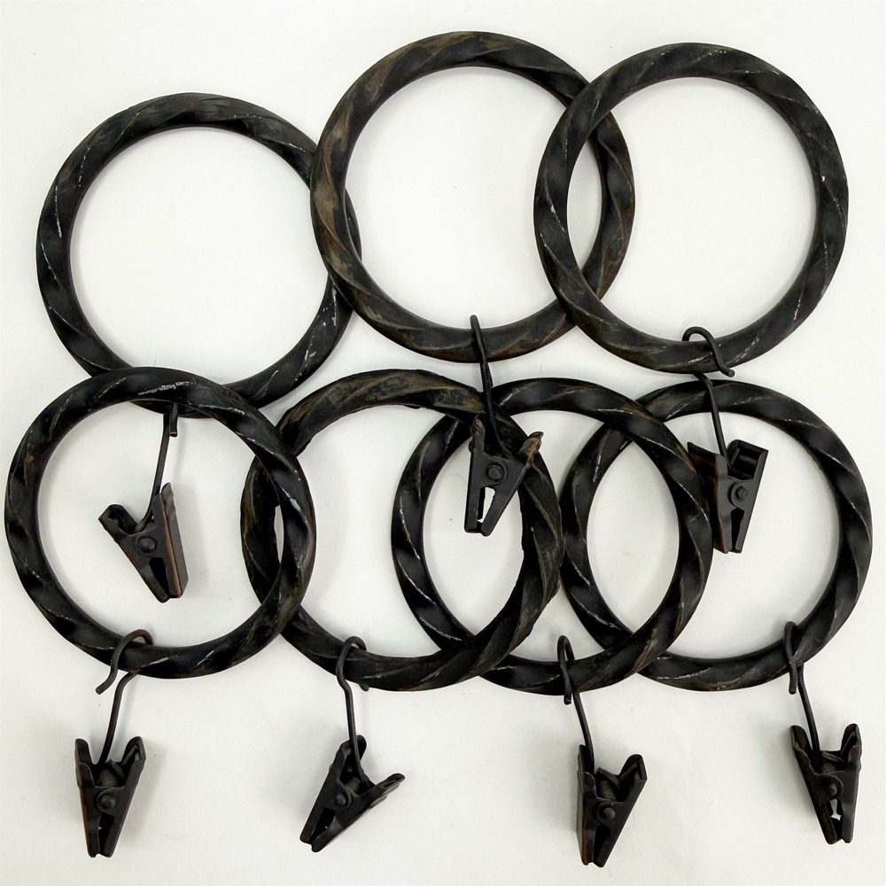 Set of 7 Twisted Metal Curtain Rings with Clips Dark Bronze 2 Inch Inner Dia